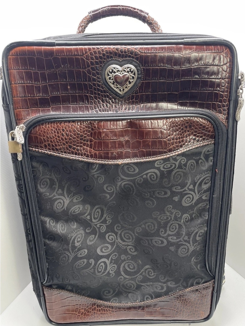 Brighton Black & Choc Croc Leather 22” Carry-on Luggage Rolling Wheels Suitcase